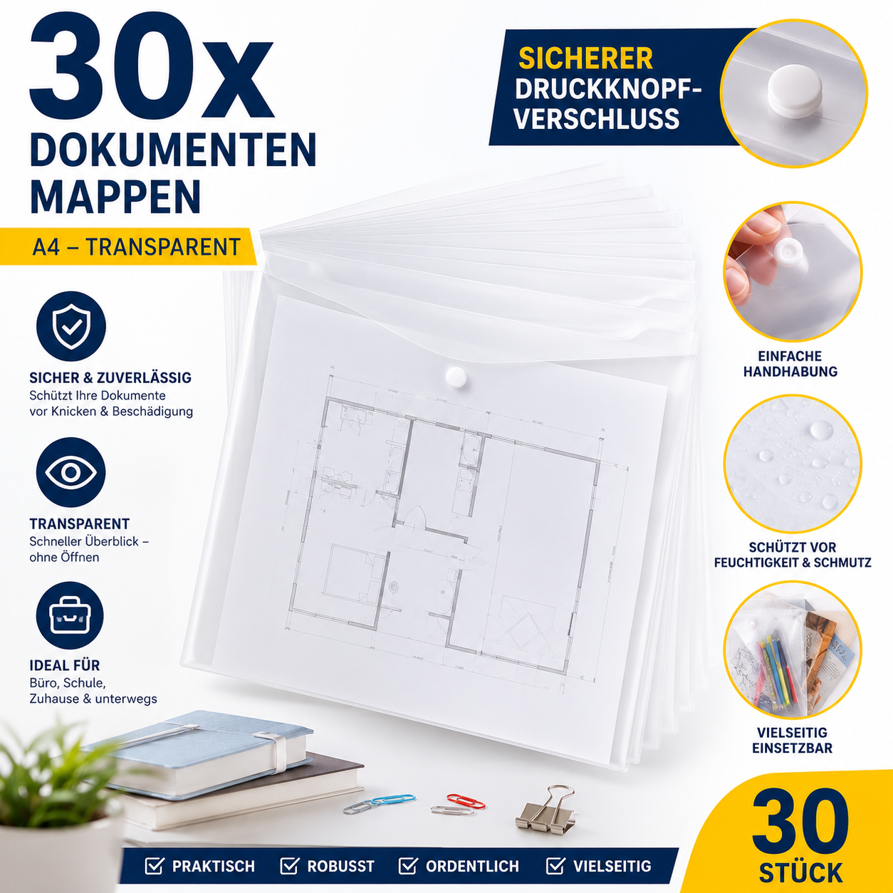 30x Dokumententasche A4 Transparent Druckknopfmappe Kunststoff Aktenmappe