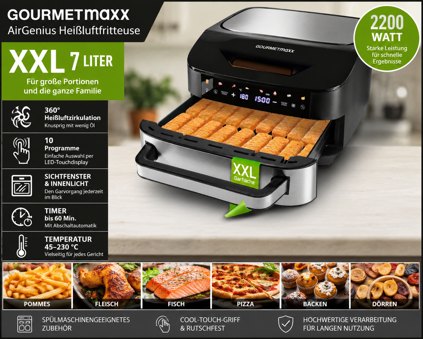 GOURMETmaxx AirGenius Heißluftfritteuse 7L Airfryer 10 Programme XXL