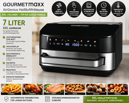 GOURMETmaxx AirGenius Heißluftfritteuse 7L Airfryer 10 Programme XXL