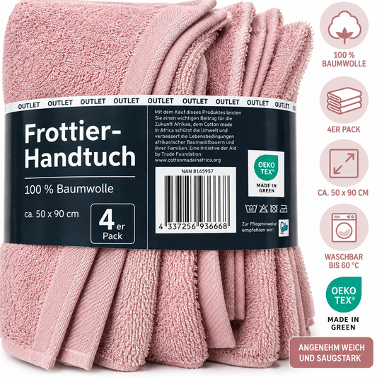 4er Set Frottier Handtücher 50x90 cm Rosa 100% Baumwolle OEKO-TEX
