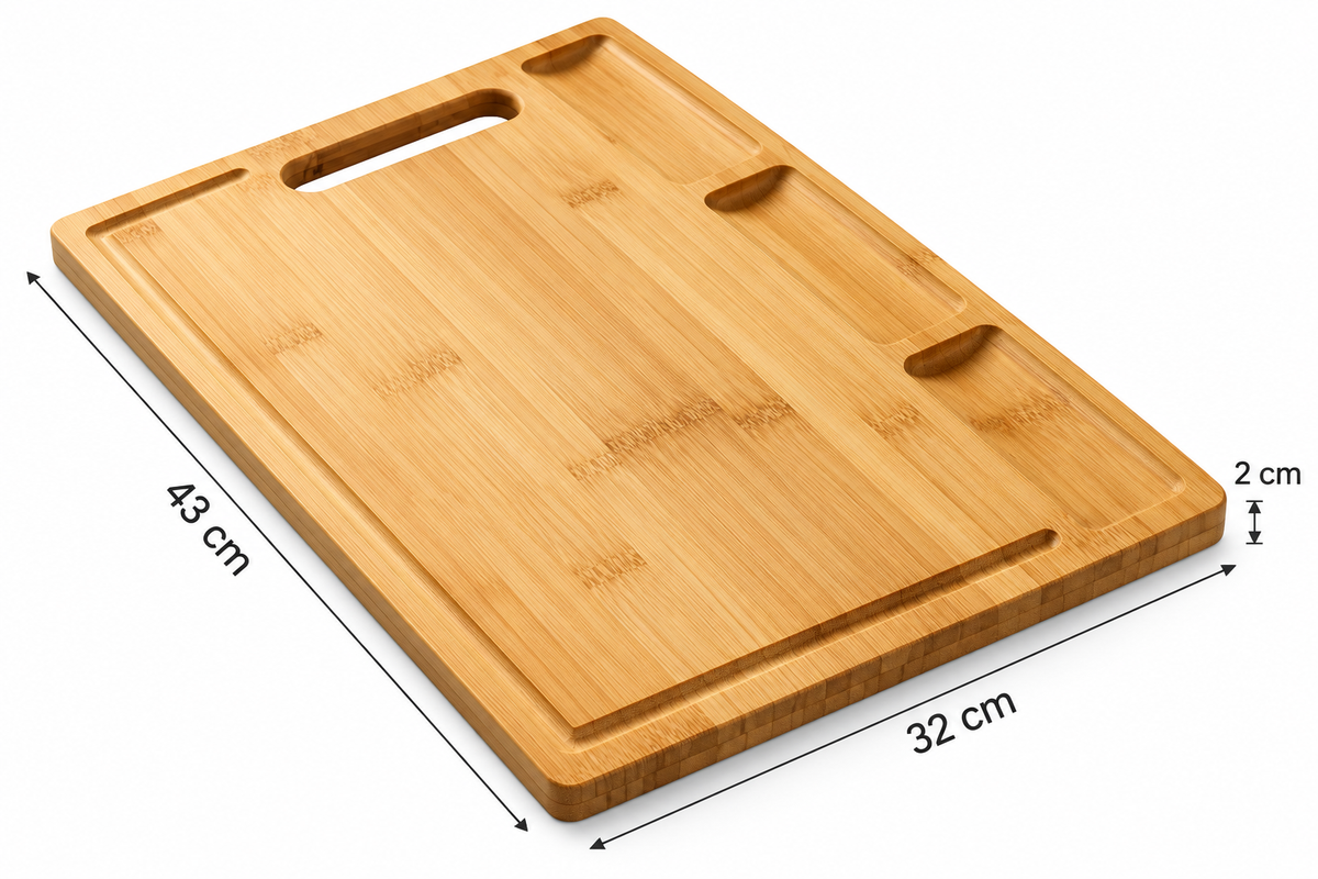BELLE VOUS Schneidebrett Bambus XL 43x32cm 3 Fächer Saftrille Küchenbrett