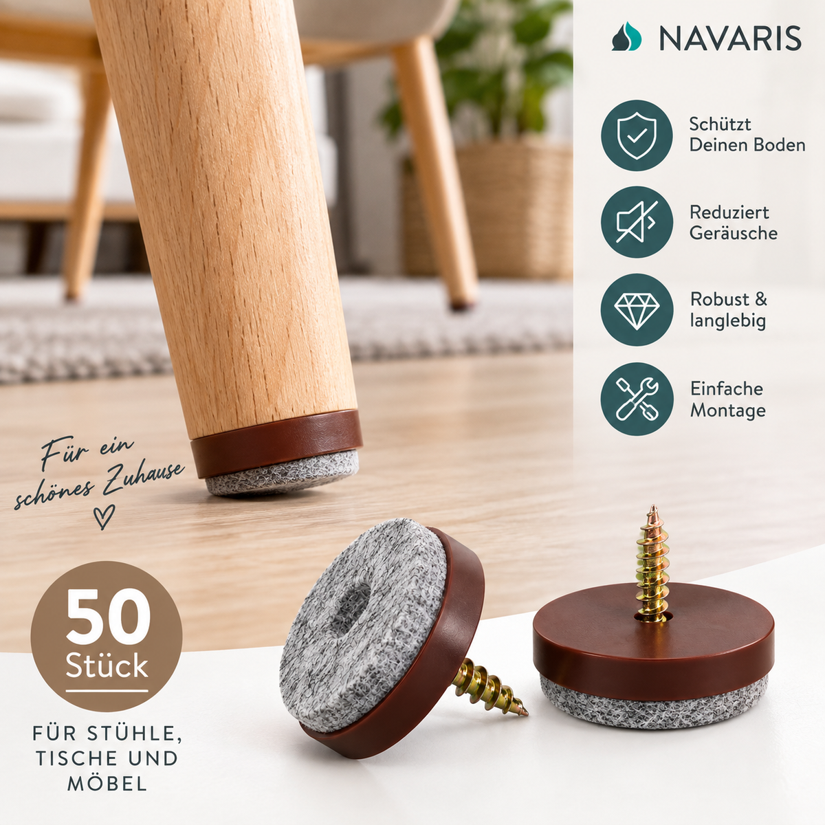Navaris 50x Filzgleiter 28 mm mit Schraube Möbelgleiter Stuhlgleiter Braun