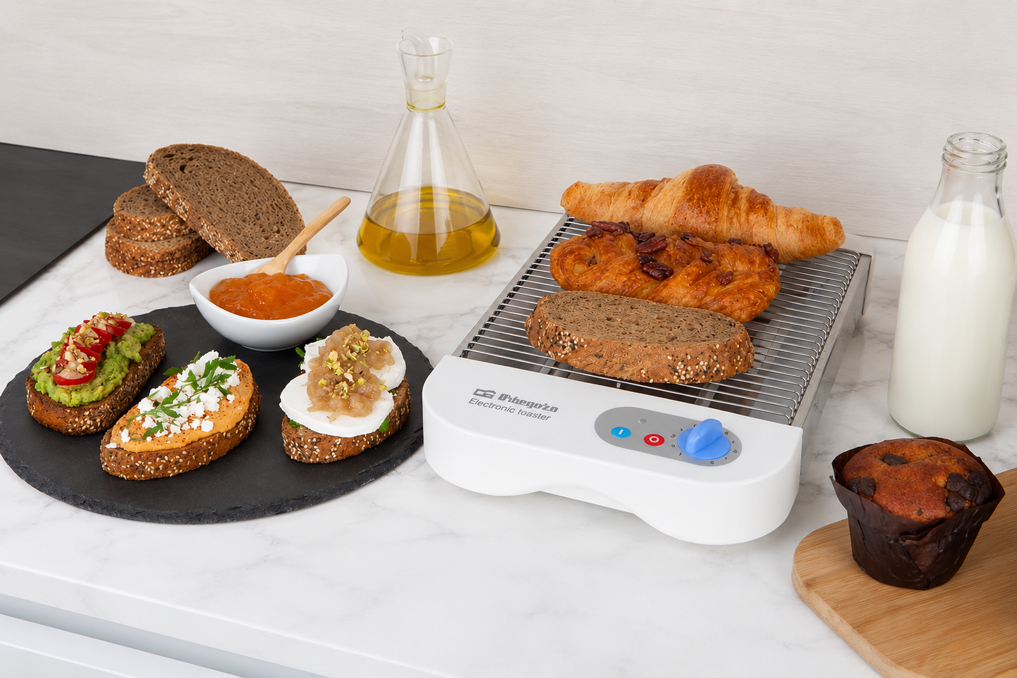 Orbegozo TO1010 Horizontal Toaster 600W Brot Brötchen Aufbacktoaster Timer Grau