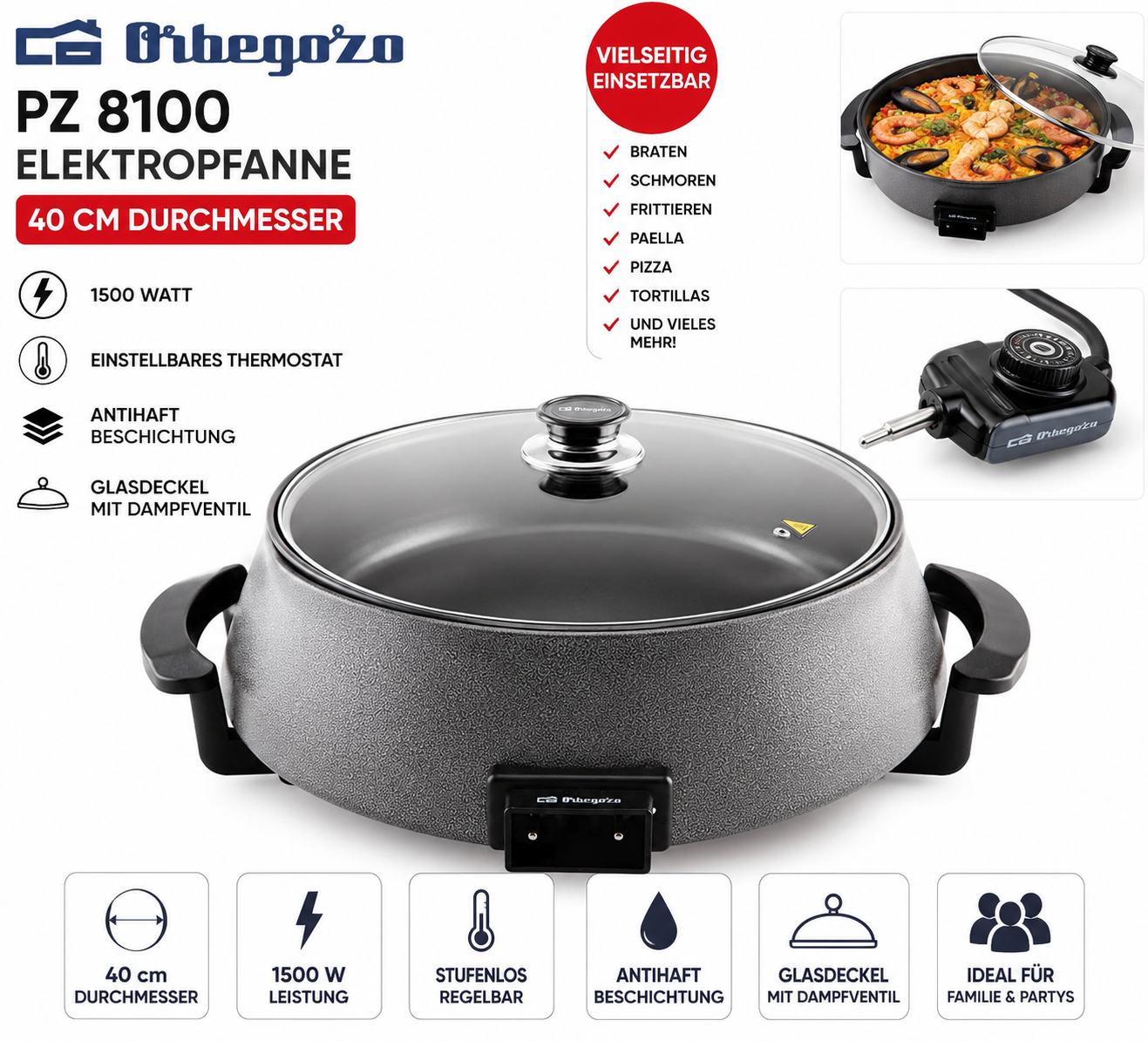Orbegozo PZ8100 Elektropfanne Partypfanne 40cm 1500W Paellapfanne Pizza