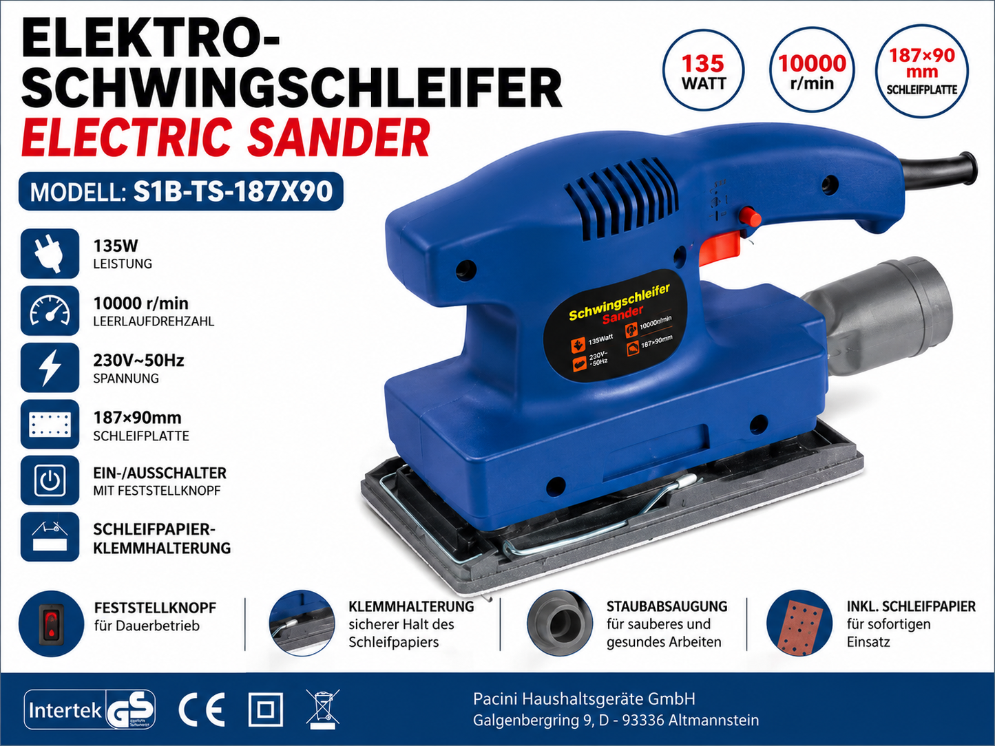 Elektro Schwingschleifer 135W 10000 U/min 187x90mm Schleifmaschine 230V