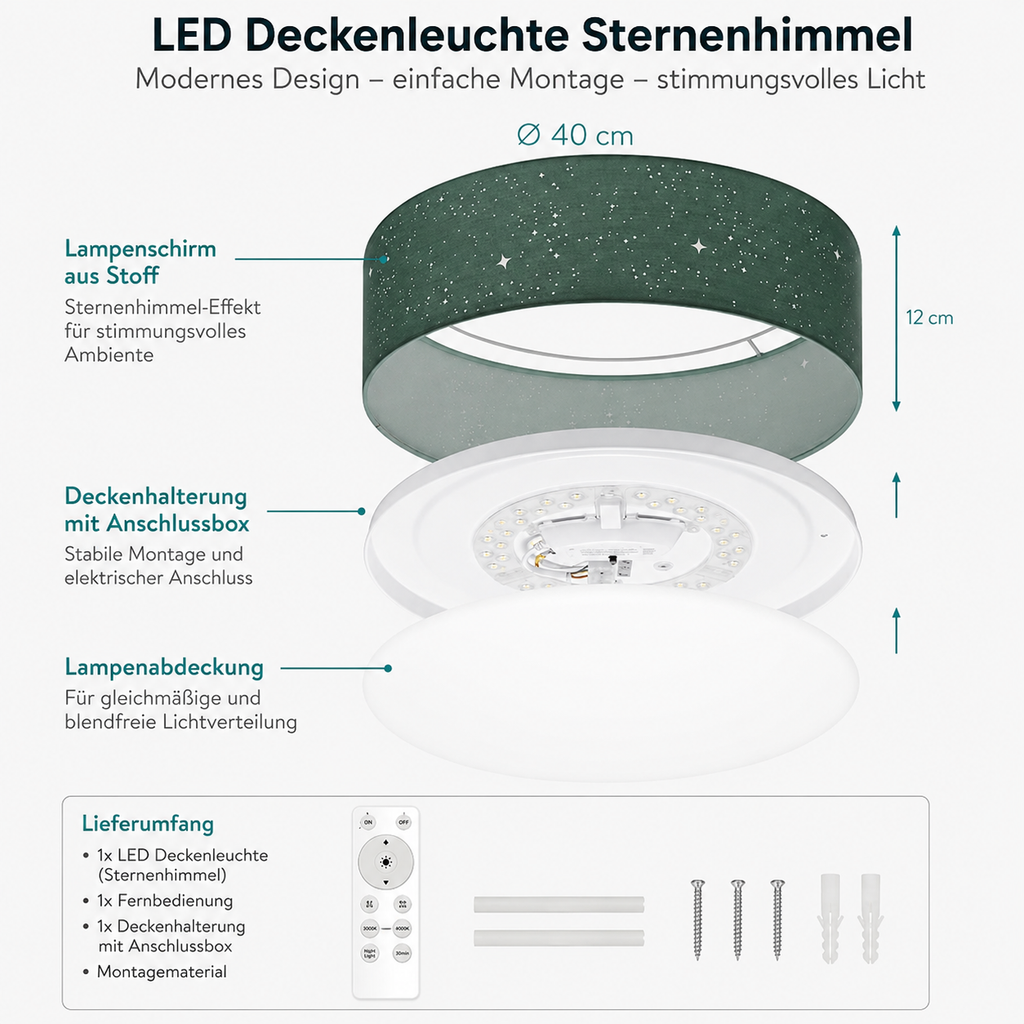 Navaris LED Deckenleuchte Sternenhimmel Dimmbar Fernbedienung Schlafzimmer 40cm