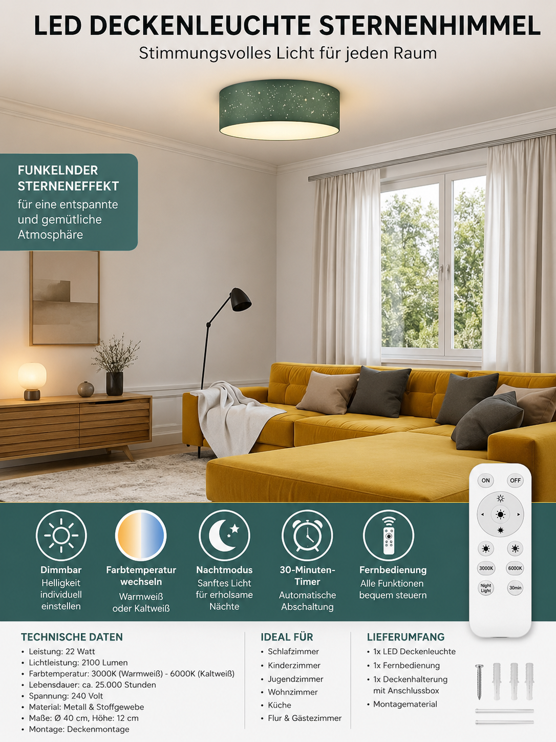 Navaris LED Deckenleuchte Sternenhimmel Dimmbar Fernbedienung Schlafzimmer 40cm