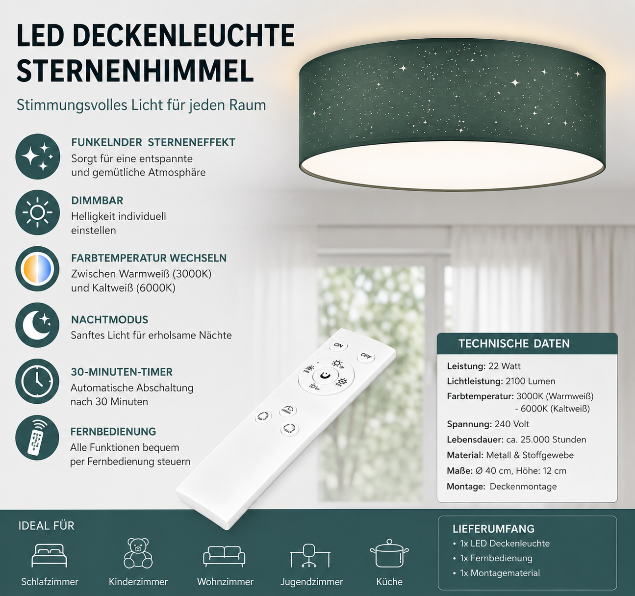 Navaris LED Deckenleuchte Sternenhimmel Dimmbar Fernbedienung Schlafzimmer 40cm
