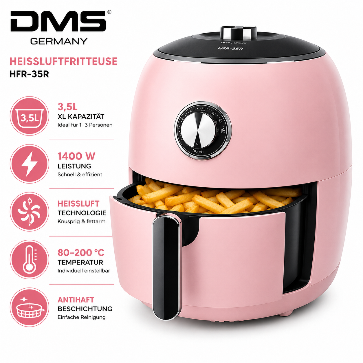 DMS® Retro Heißluftfritteuse HFR-35R 3,5L | 1400W | Fettarm & Knusprig