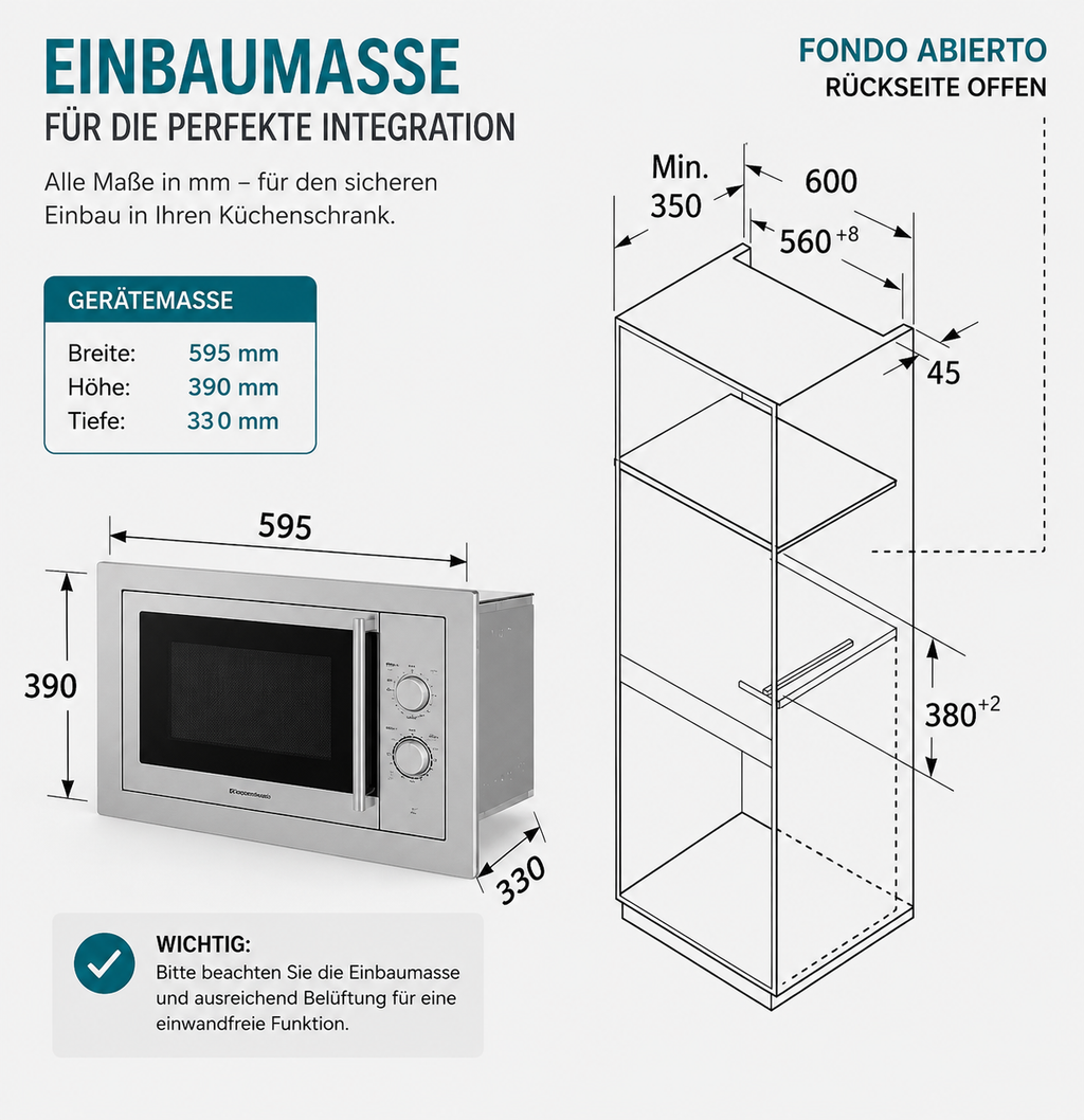 Orbegozo MIG2033 -Einbaubare Mikrowelle, Edelstahl, 20 Liter Fassungsvermögen, neun Stufen, Leistung 800 W Mikrowelle und 1000 W Grill, Stahl, Grau