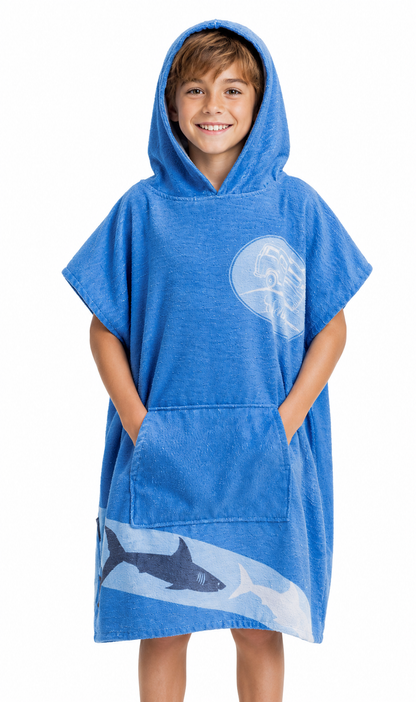 Homelevel Kinder Badeponcho mit Kapuze 10-13 Jahre Baumwolle Blau Strand Schwimmbad