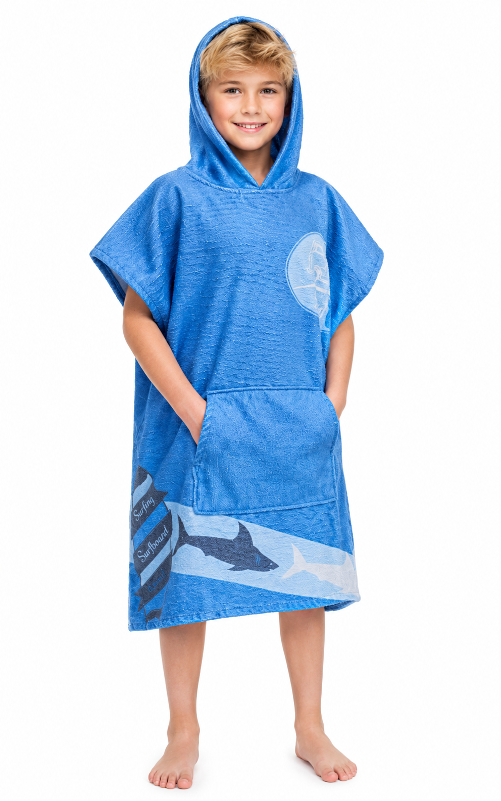 Homelevel Kinder Badeponcho mit Kapuze 10-13 Jahre Baumwolle Blau Strand Schwimmbad