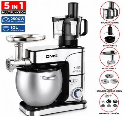 DMS 5in1 Küchenmaschine 2500W 10L Knetmaschine Fleischwolf Mixer Edelstahl