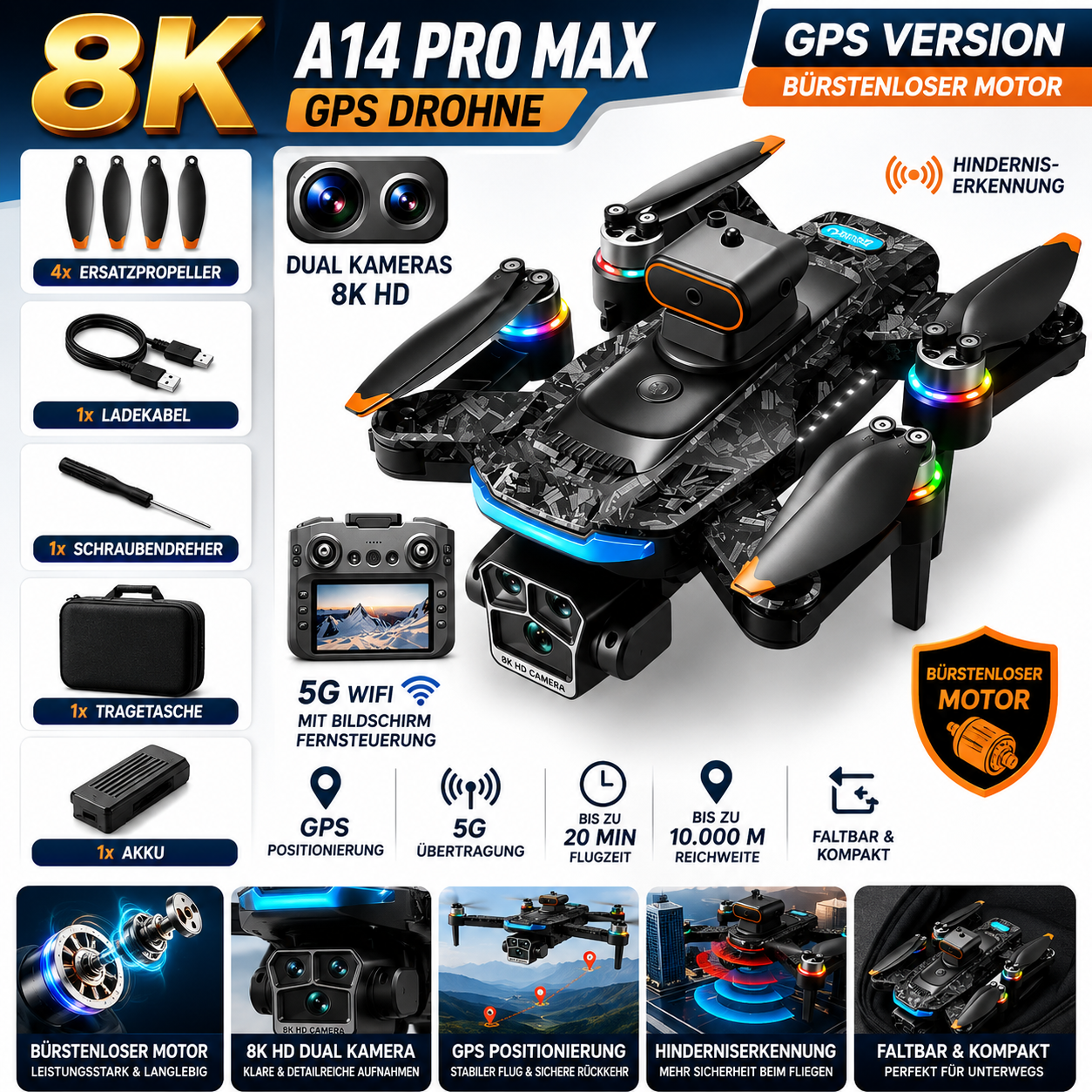 Xiaomi A14 ProMax GPS Drohne 8K HD Kamera FPV Brushless Hinderniserkennung
