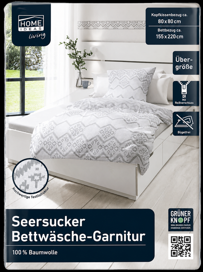 HOME IDEAS living Seersucker Bettwäsche 155x220 80x80 Baumwolle Übergröße