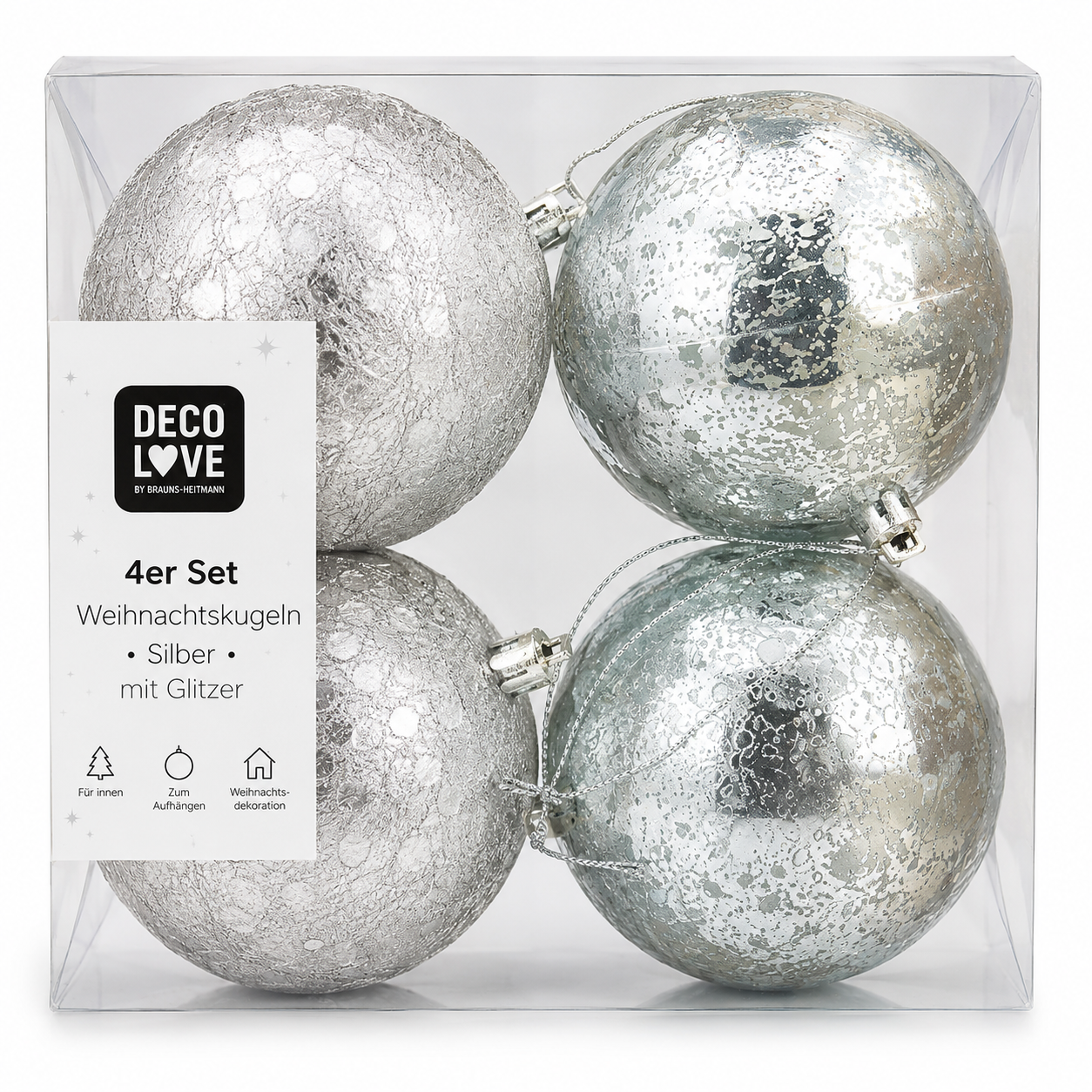 DECO LOVE 4er Set Weihnachtskugeln Silber Glitzer Christbaumkugeln Baumschmuck