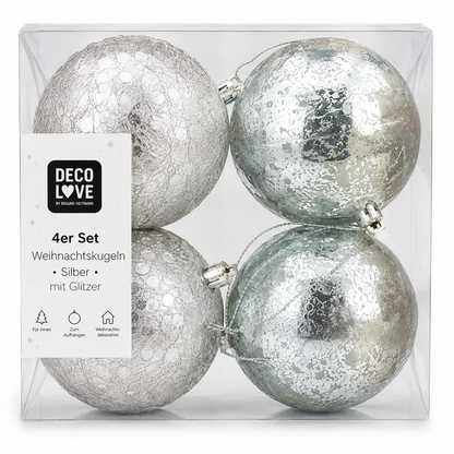 DECO LOVE 4er Set Weihnachtskugeln Silber Glitzer Christbaumkugeln Baumschmuck