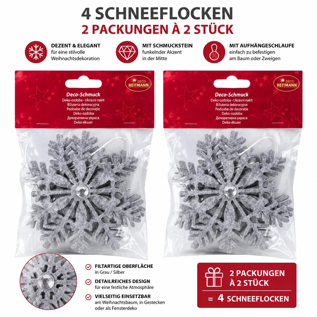 HEITMANN DECO 4 Schneeflocken Grau Silber Weihnachtsanhänger Baumschmuck 2x2