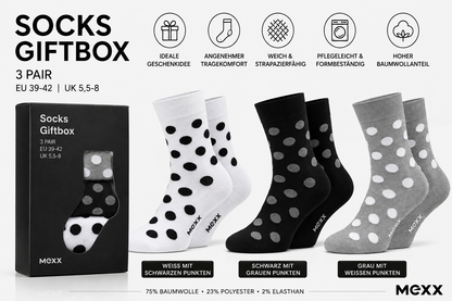 MEXX Damen Socken 3 Paar Gr. 39-42 Giftbox Punkte Schwarz Grau Weiß Geschenk
