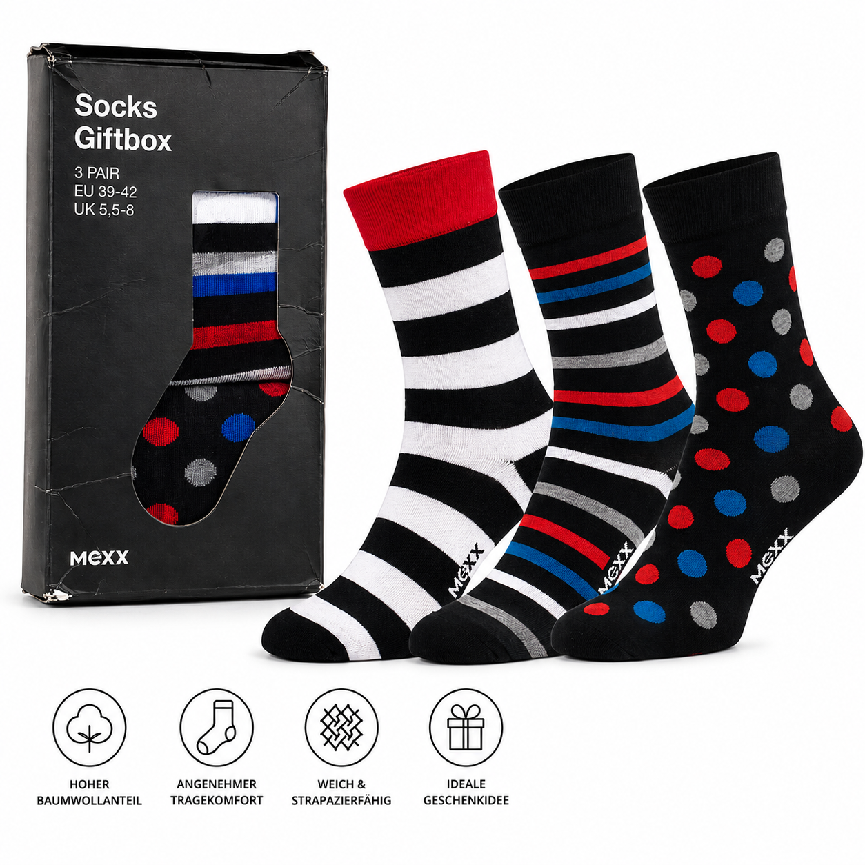 MEXX Damen Socken 3 Paar Gr. 39-42 Giftbox Geschenkbox Punkte Streifen