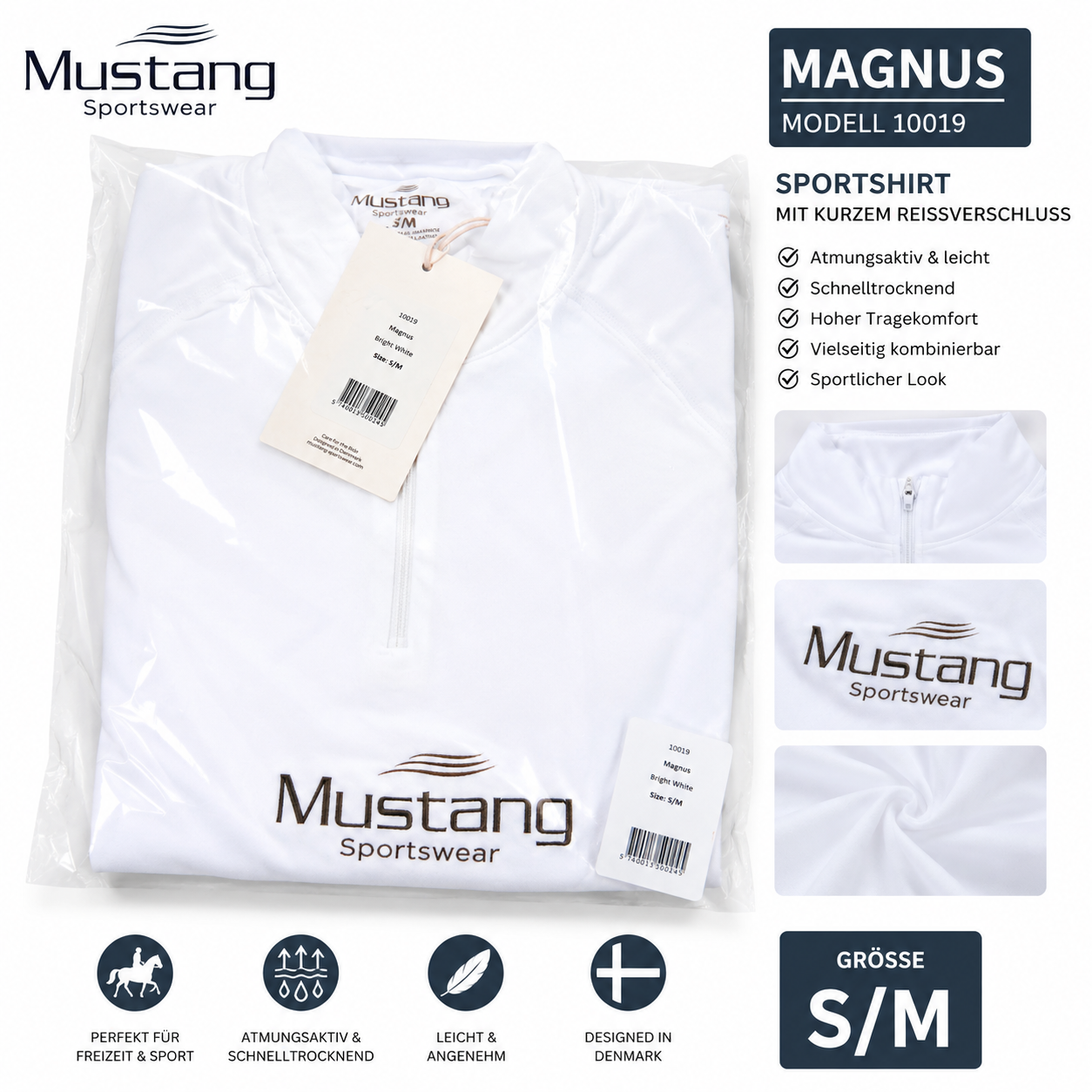 Mustang Sportswear Magnus Sportshirt S/M Weiß Reißverschluss Reitshirt Neu