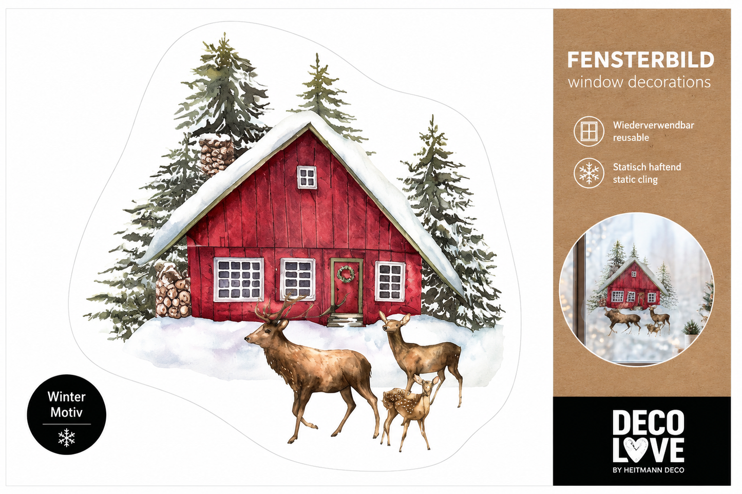 HEITMANN DECO LOVE Fensterbild Weihnachten Hirsch Reh Winterhaus statisch haftend