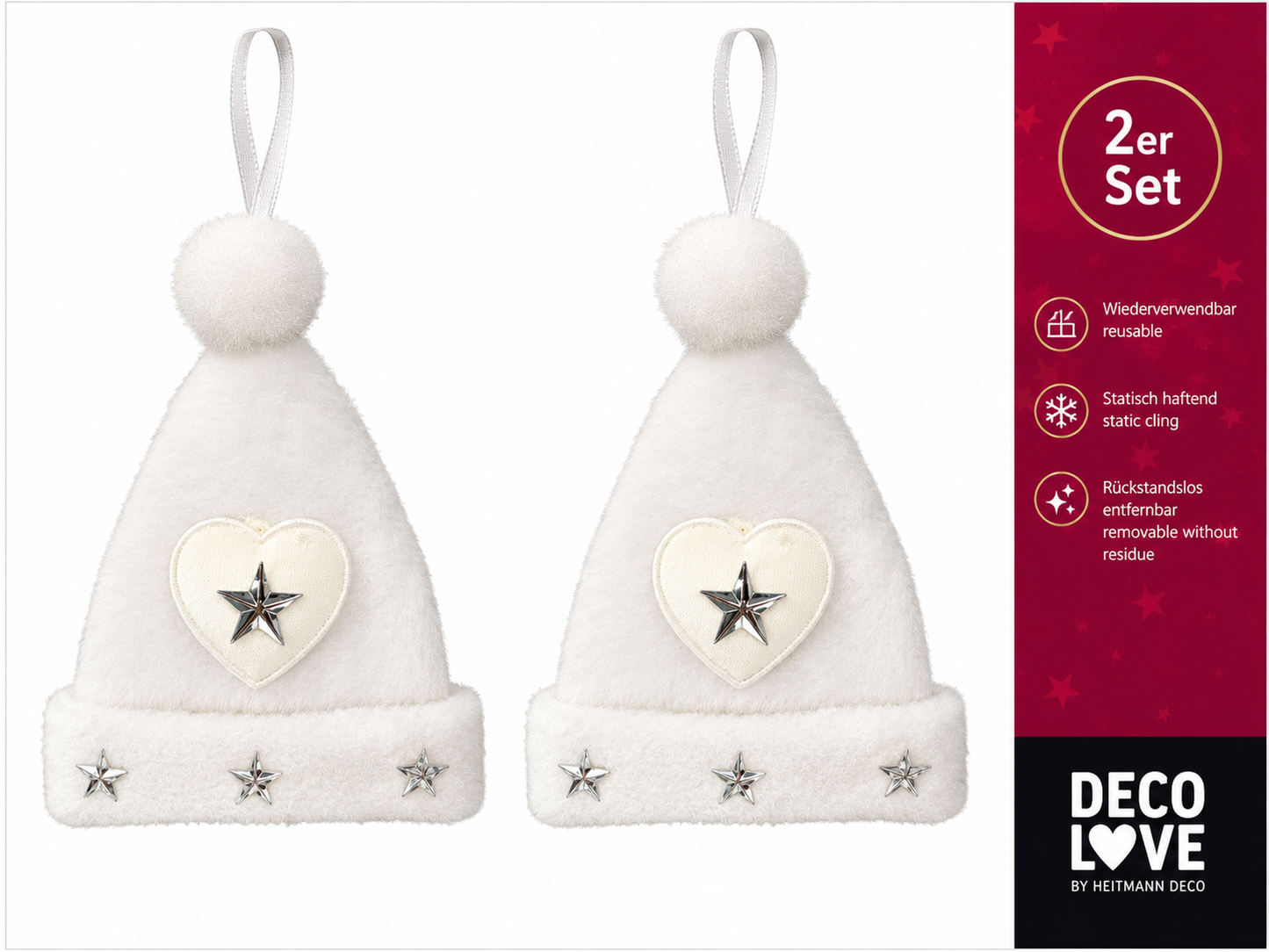 HEITMANN DECO 2er Set Weihnachtsmütze Weiß Deko Anhänger Herz Sterne Weihnachten