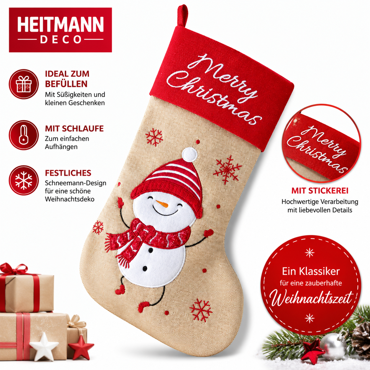 HEITMANN DECO Nikolausstiefel Schneemann Weihnachtsstrumpf Merry Christmas
