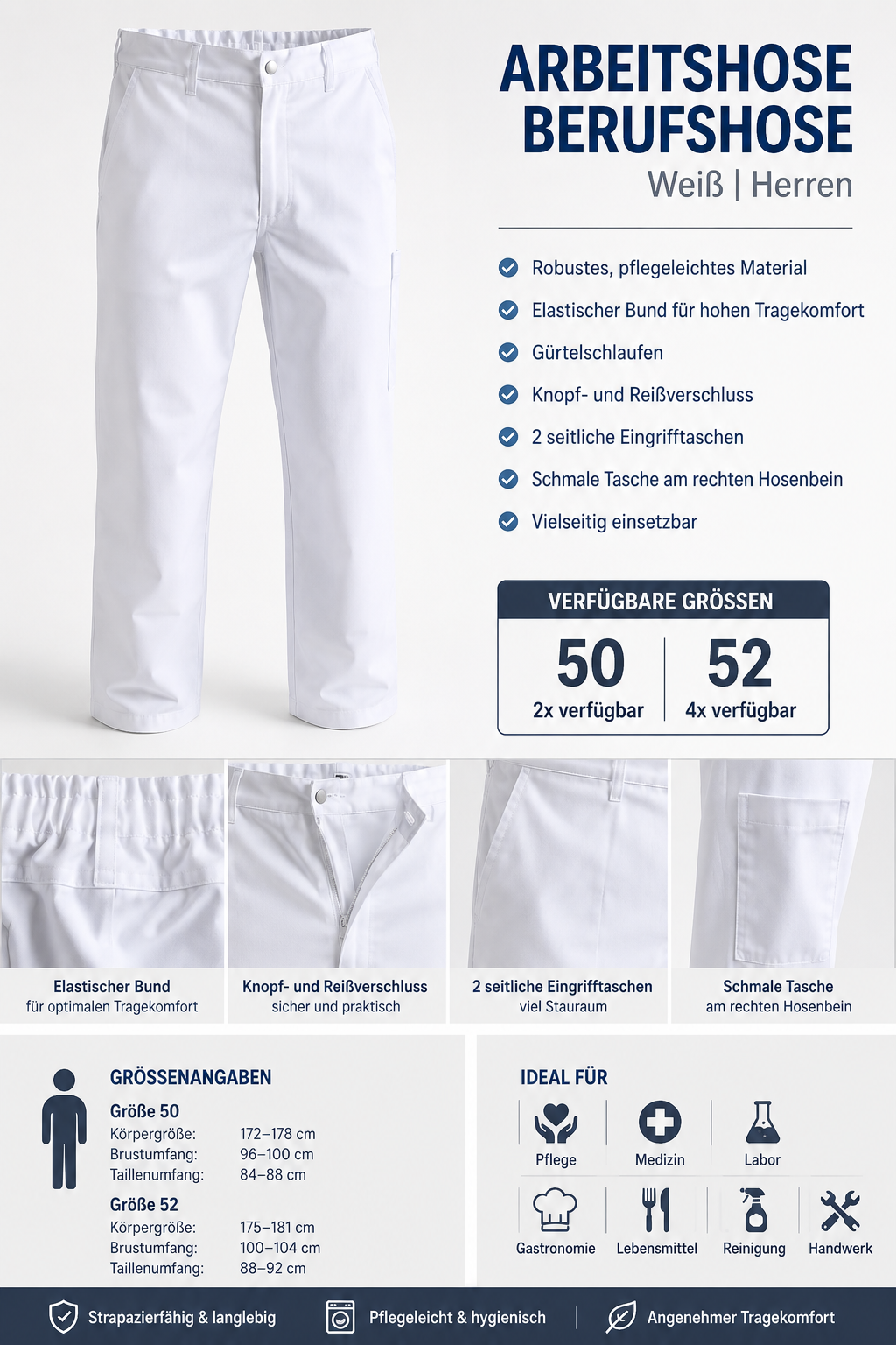 Arbeitshose Berufshose Weiß Herren Gr. 50/52 Pflege Labor Kochhose Neu