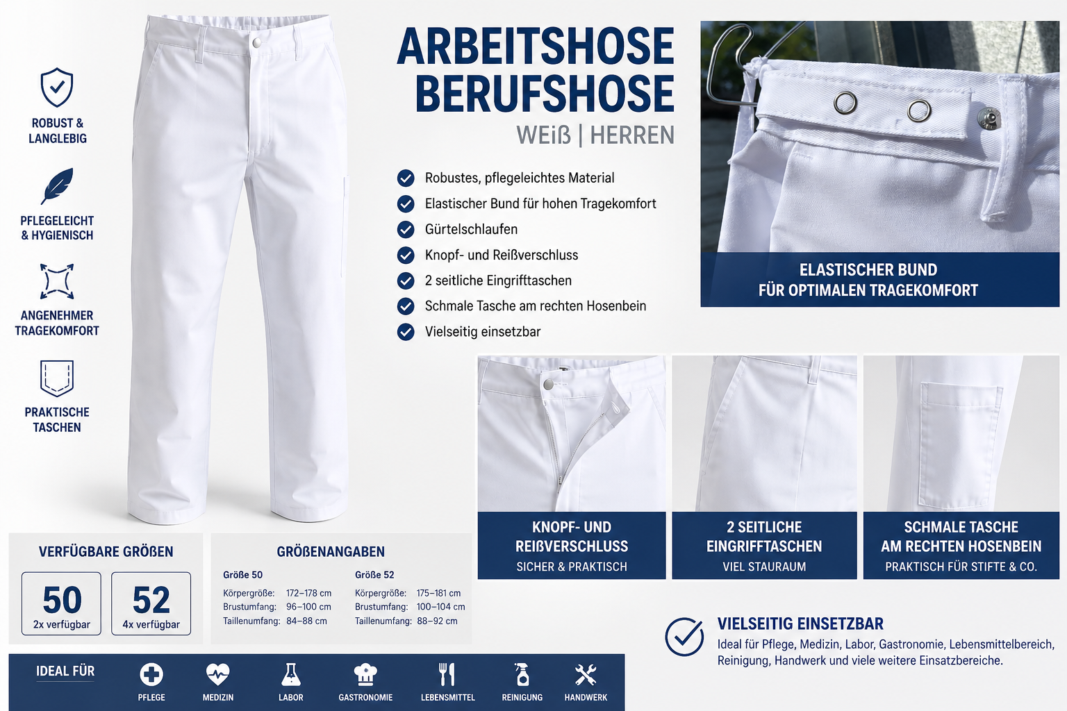 Arbeitshose Berufshose Weiß Herren Gr. 50/52 Pflege Labor Kochhose Neu