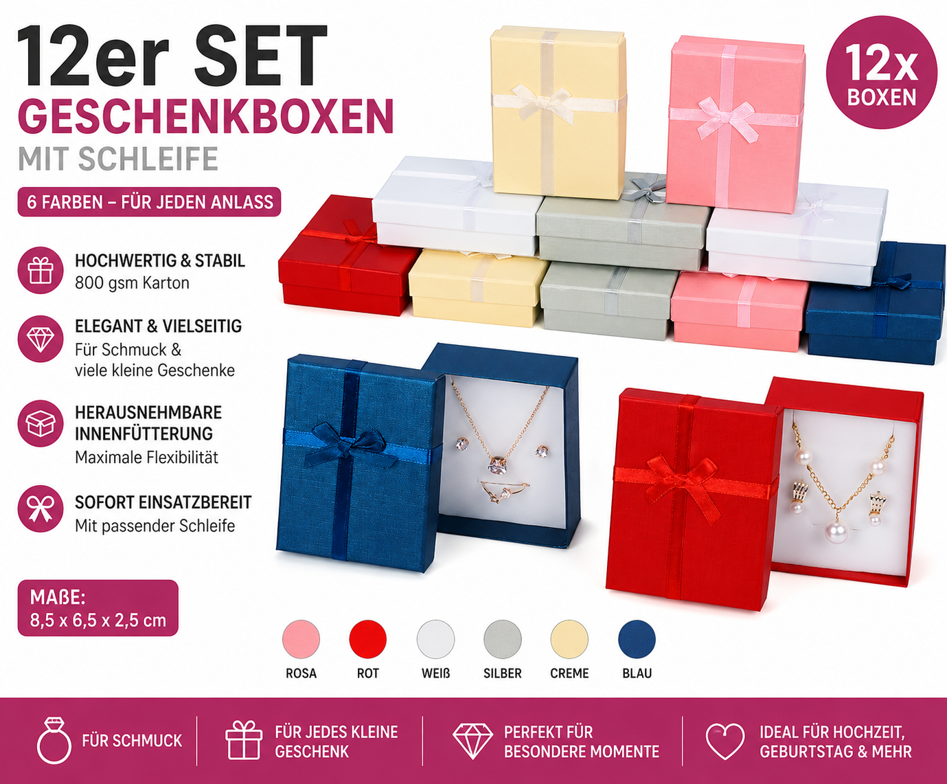 12x Geschenkbox Schmuckschachtel Geschenkverpackung Schleife 6 Farben 8,5cm