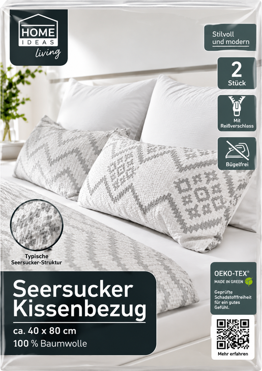 HOME IDEAS Seersucker Kissenbezug 40x80 cm 2er Set Baumwolle Grau Weiß