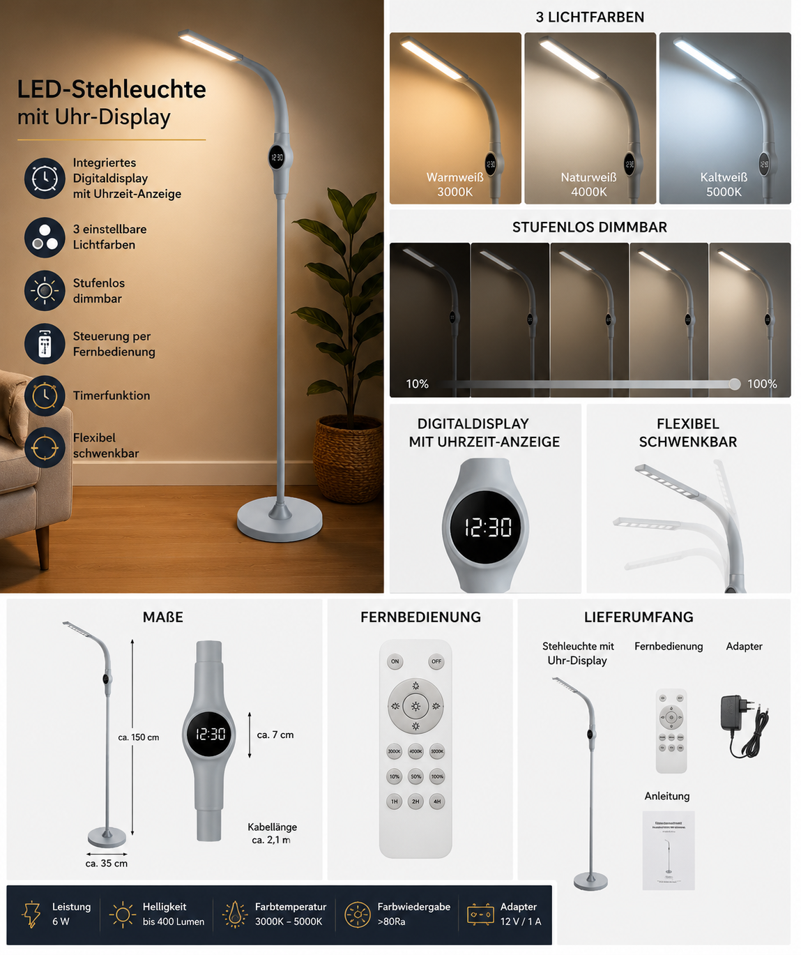 LED-Stehleuchte mit Uhr-Display 3 Lichtfarben stufenlos dimmbar inkl. Fernbedienung
