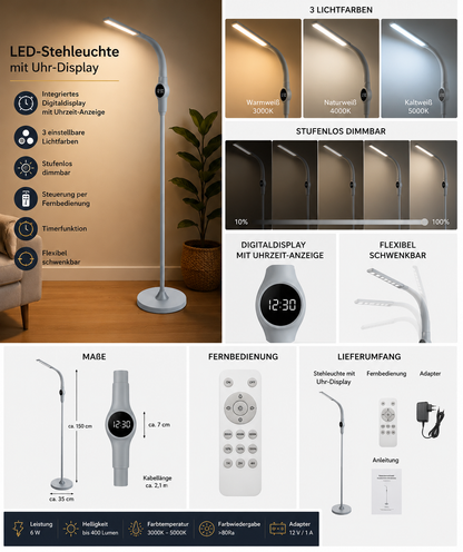 LED-Stehleuchte mit Uhr-Display 3 Lichtfarben stufenlos dimmbar inkl. Fernbedienung