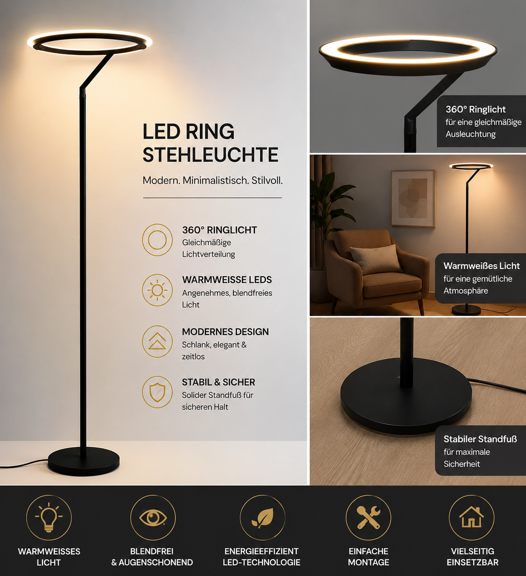 LED Stehleuchte Deckenfluter 2 Lichtpanele stufenlos dimmbar Ø 26cm x 176cm