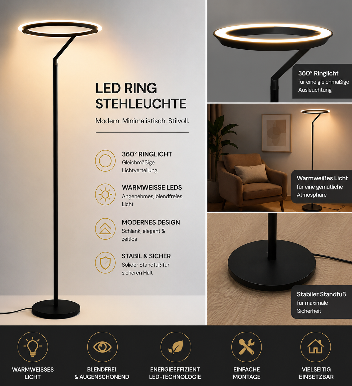LED Stehleuchte Deckenfluter 2 Lichtpanele stufenlos dimmbar Ø 26cm x 176cm