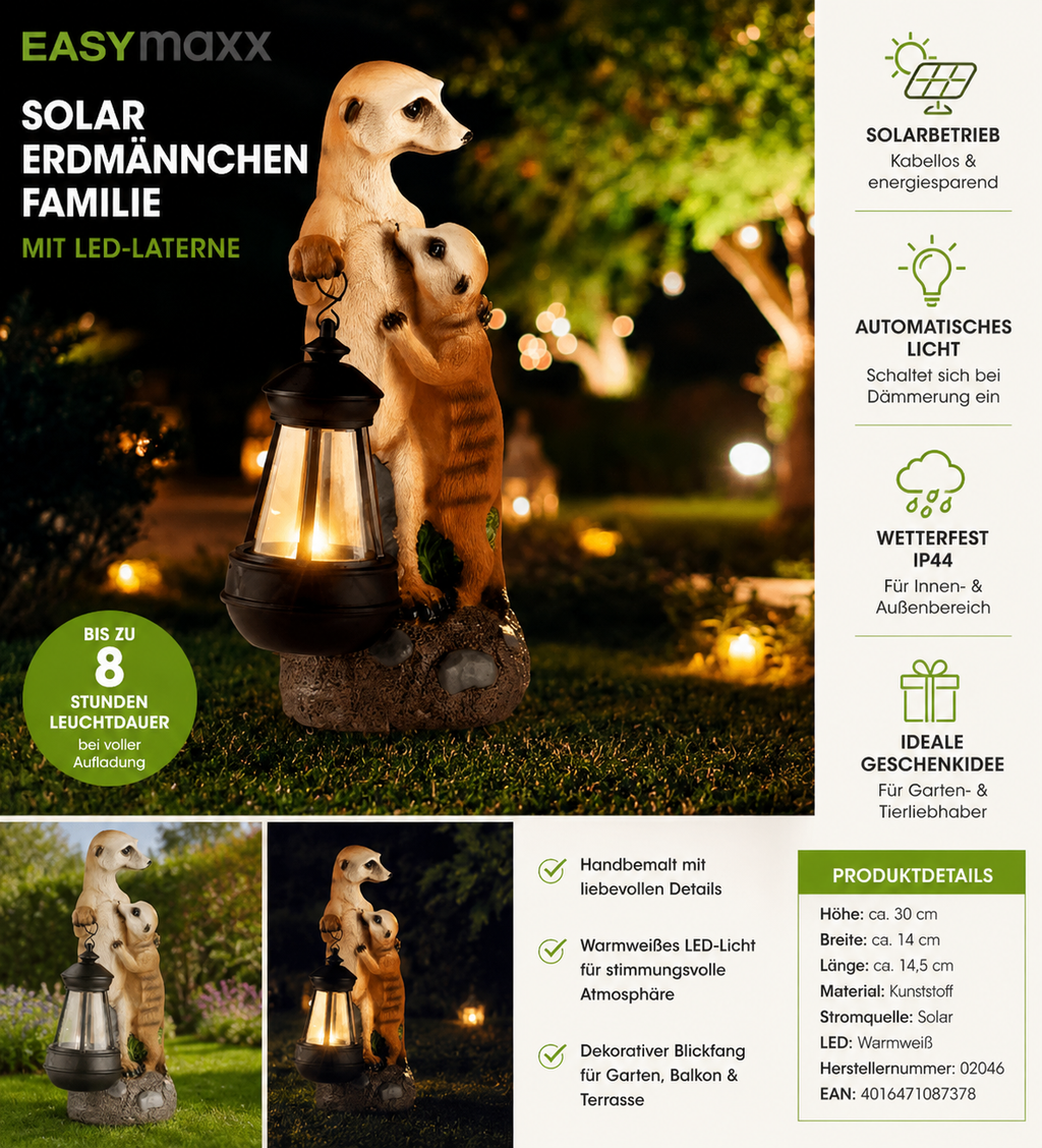 EASYmaxx Solar Erdmännchen LED Gartenfigur Laterne Balkon Deko IP44 30cm