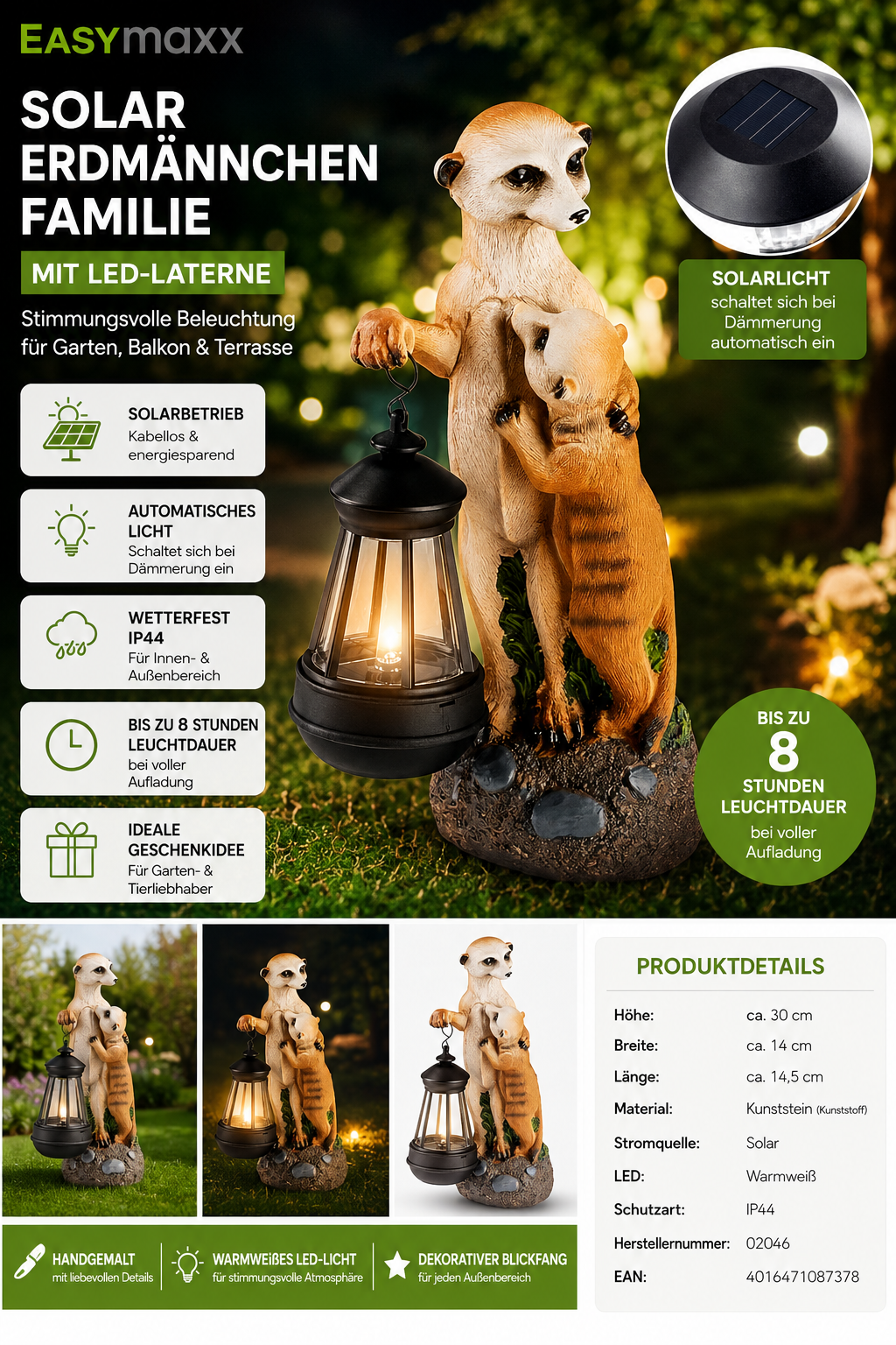 EASYmaxx Solar Erdmännchen LED Gartenfigur Laterne Balkon Deko IP44 30cm