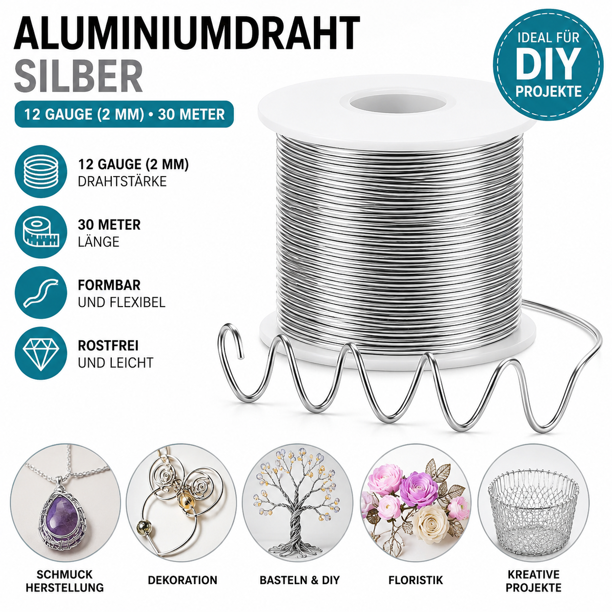 30m Aluminiumdraht 2mm Silber Basteldraht Schmuckdraht Aludraht 12 Gauge
