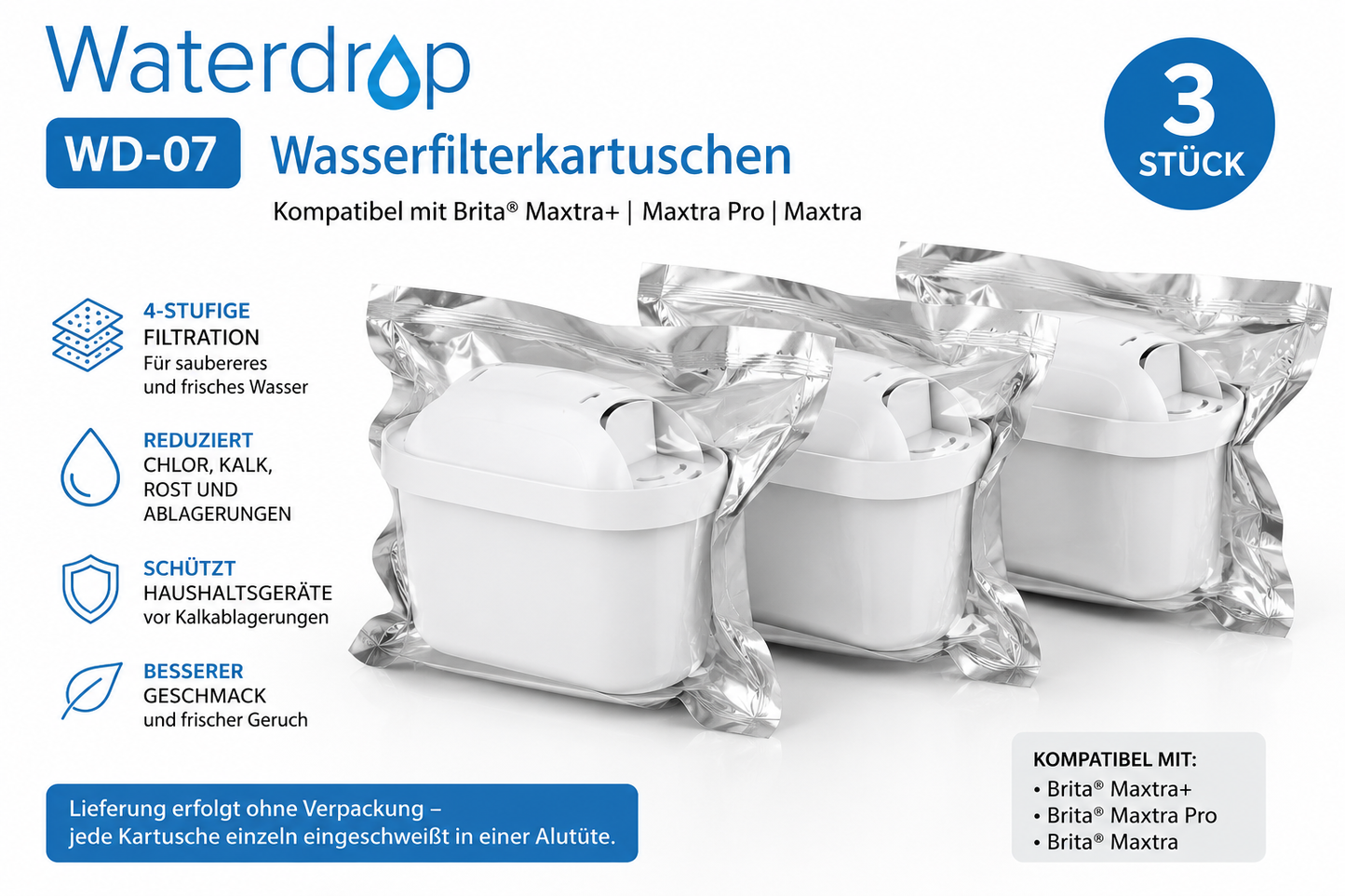 Waterdrop WD-07 Wasserfilter 3, 6, 9, 12 Stück kompatibel Brita Maxtra+ Maxtra Pro