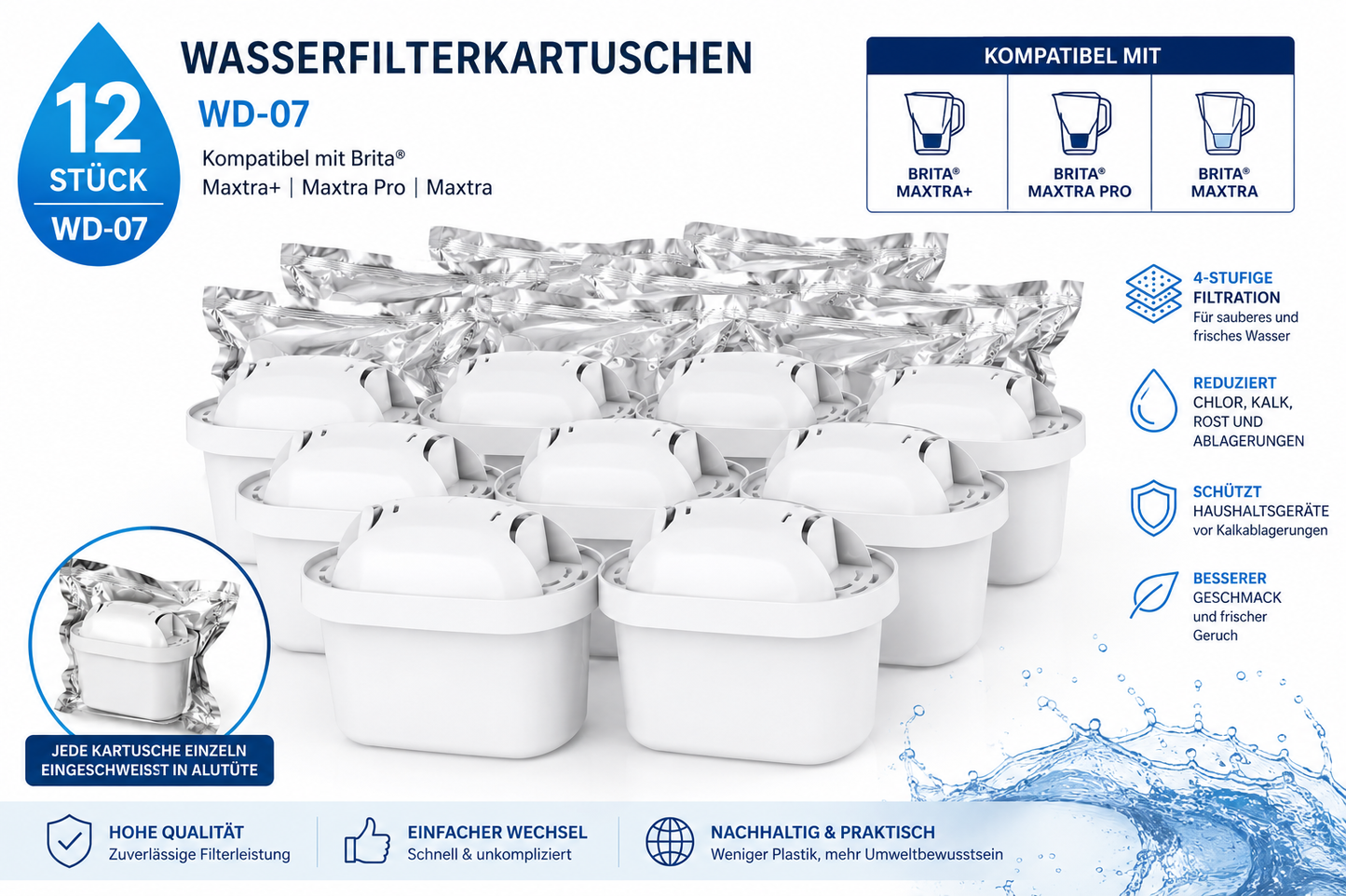 Waterdrop WD-07 Wasserfilter 3, 6, 9, 12 Stück kompatibel Brita Maxtra+ Maxtra Pro