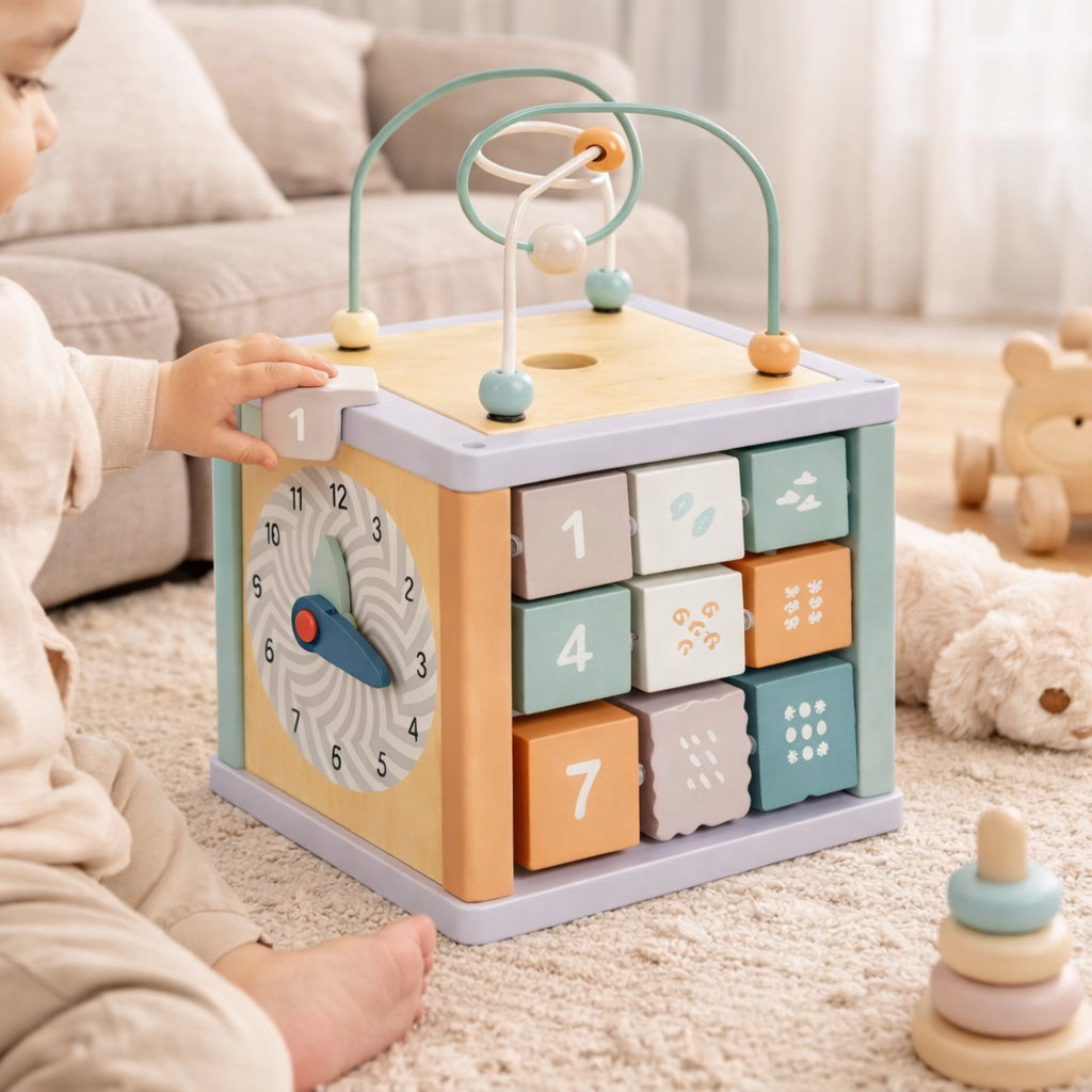Navaris Motorikwürfel Holz 5in1 Lernspielzeug Motorikschleife Baby ab 18M