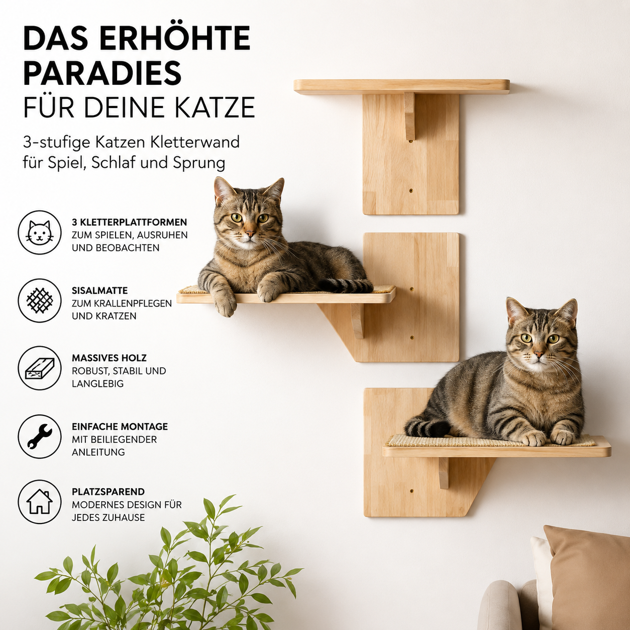 Navaris Katzen Kletterwand - Wandmontierte Katzenleiter mit 3 Plattformen und Sisalmatten - Vielseitige Kletterwand Katzen - Stilvolle Katzentreppe