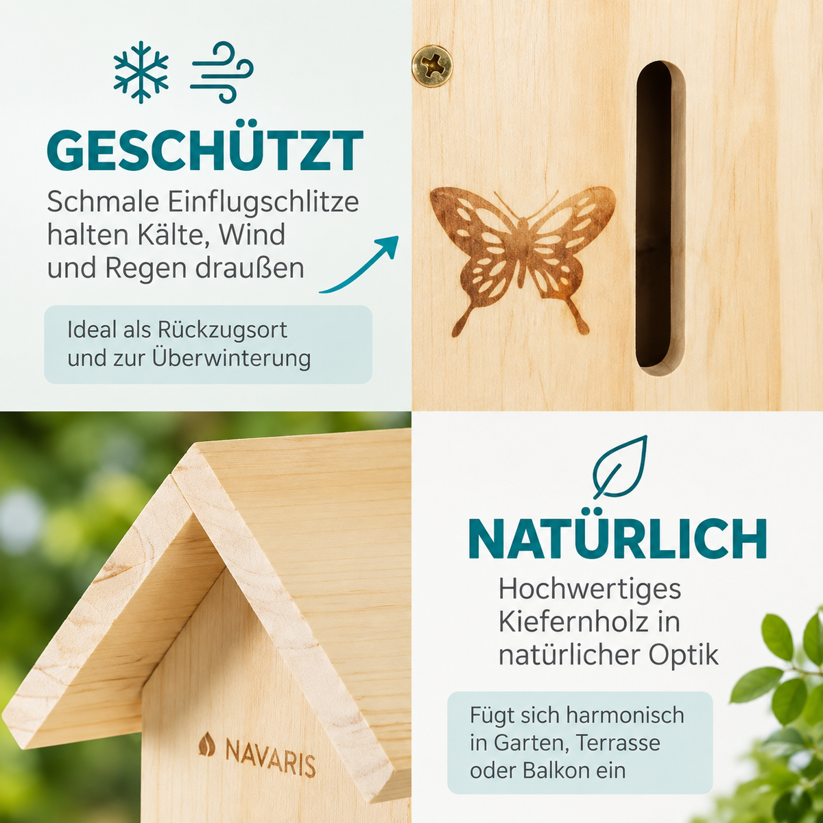 NAVARIS Schmetterlingshaus Holz 41cm Insektenhotel Kiefer Garten Balkon Natur