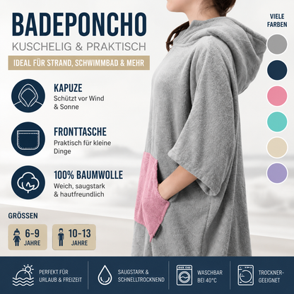 HOMELEVEL Kinder Badeponcho 10-13 Jahre 100% Baumwolle Kapuze Surfponcho