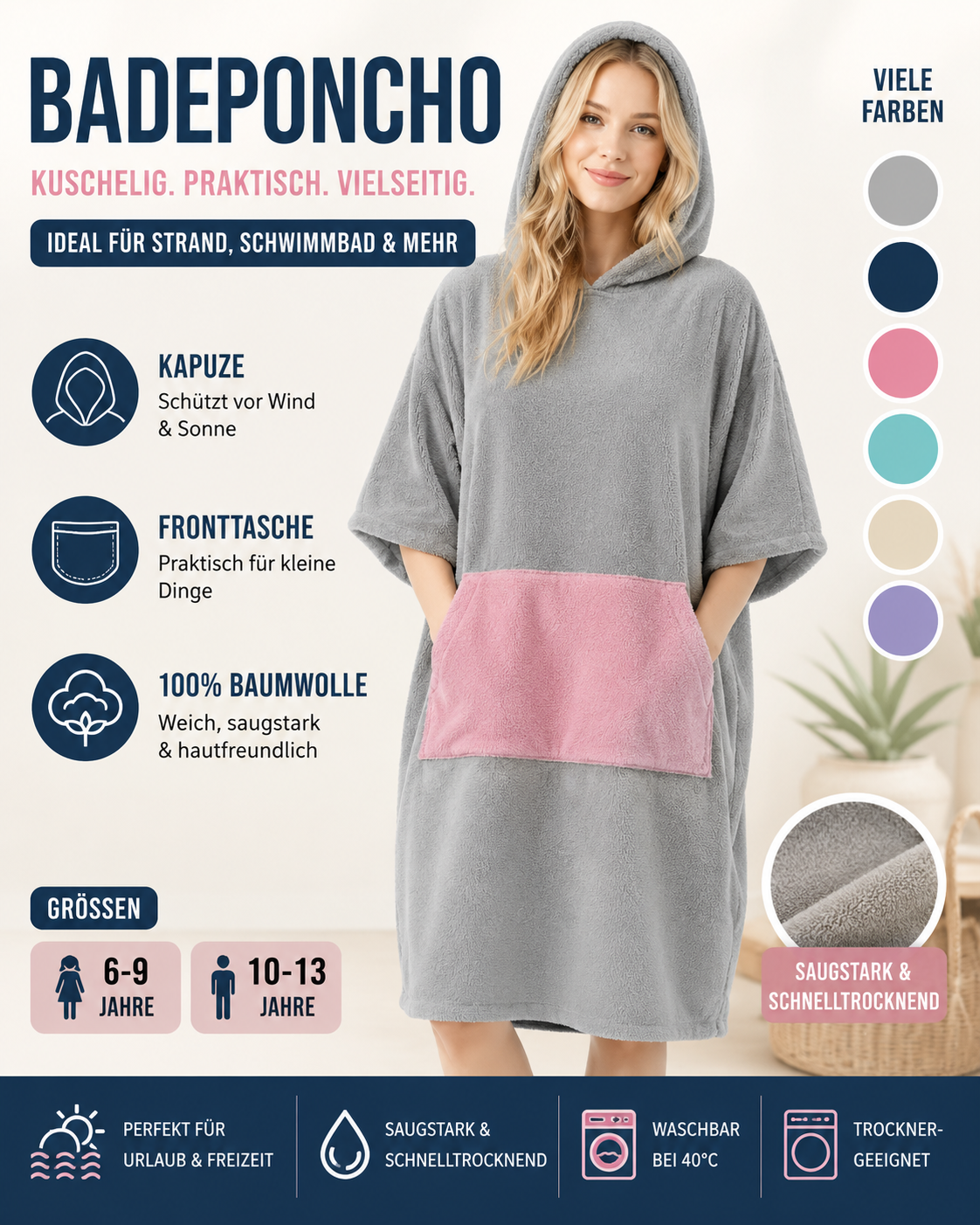 HOMELEVEL Kinder Badeponcho 10-13 Jahre 100% Baumwolle Kapuze Surfponcho
