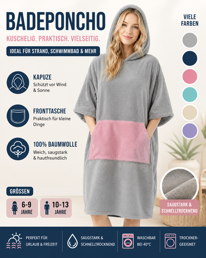 HOMELEVEL Kinder Badeponcho 10-13 Jahre 100% Baumwolle Kapuze Surfponcho