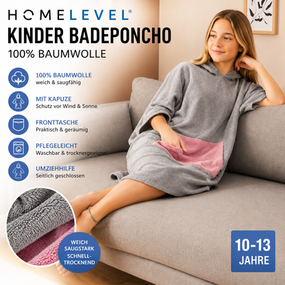 HOMELEVEL Kinder Badeponcho 10-13 Jahre 100% Baumwolle Kapuze Surfponcho