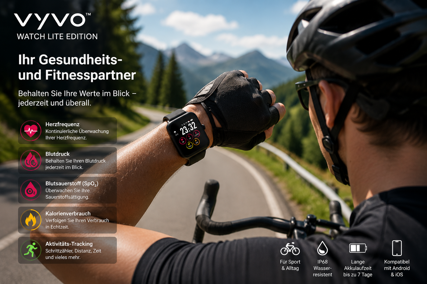 VYVO Watch Lite Edition Smartwatch Fitness Tracker Android iOS Herzfrequenz