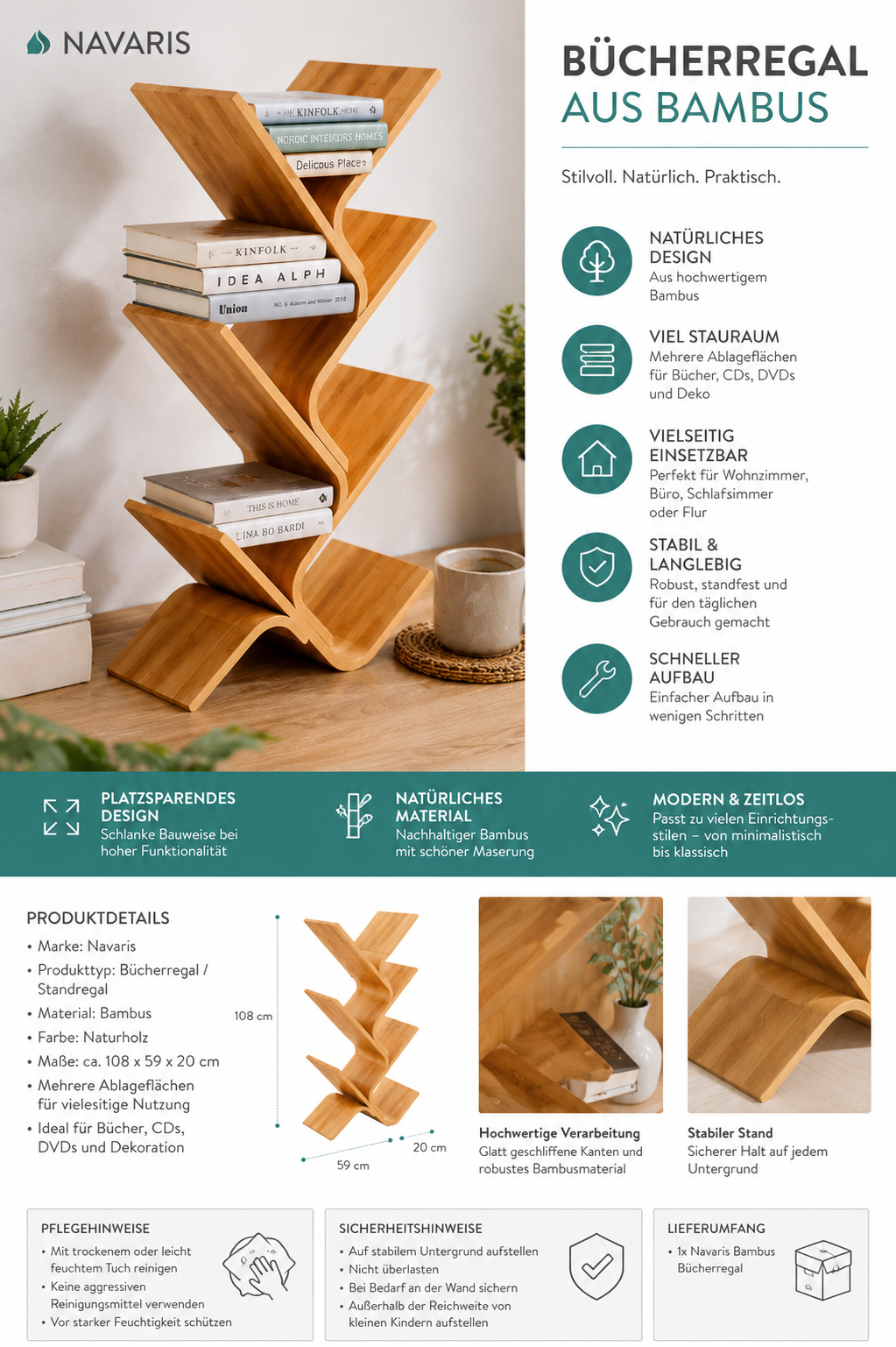 Navaris Bücherregal Regal aus Bambus - 108x59x20cm Bambusregal für Wohnzimmer Schlafzimmer Flur - Standregal für Bücher CDs DVDs Dekoration